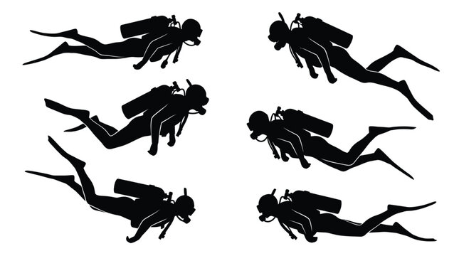 Detailed black silhouette collection of scuba divers swimming underwater in various active and dynamic poses