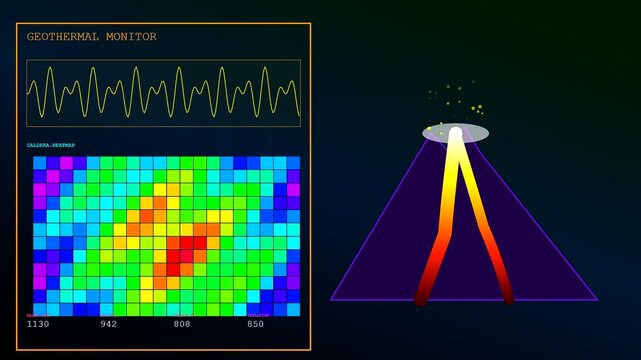 Three panels show thermal imaging data of volcanic activity with oscillating waves and heat map grids displaying shifts in subterranean warmth for geological monitor visual software