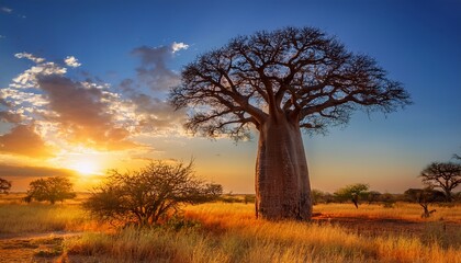 Naklejka premium Majestic Baobab Tree In African Savanna Against Warm Sunset Sky