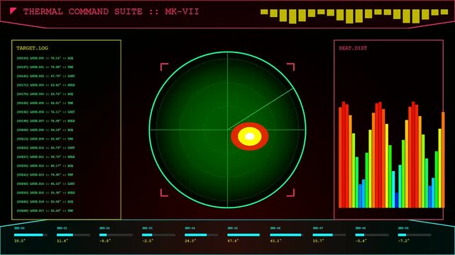 a thermal imaging digital interface glows with radiant circular radar scopes and colorful data histograms presented on a dark screen during a computer monitoring simulation