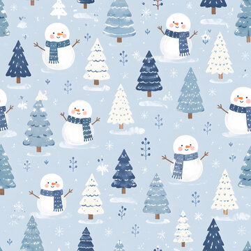 Cute Blue Winter Snowman and Snowy Pine Trees Seamless Pattern with Snowflakes on Soft Blue Background  Pola Tanpa Sambungan Manusia Salju Biru dan Pohon Pinus Bersalju dengan Kepingan Salju di Latar 