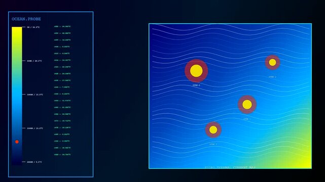 Dynamic thermal imaging interface displays shifting temperature data patterns through pulsating circular nodes on a fluid aquatic motion map featuring neon blue and vibrant yellow gradients