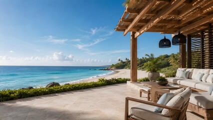 Fototapeta premium Outdoor Seating Area Overlooking Tropical Beach
