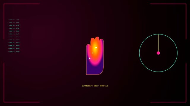 a thermal imaging scan displays a dynamic hand representation moving across a digital interface with colorful heat signature variations evolving during the scientific monitoring process sequence