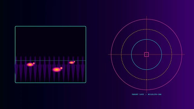 Thermal imaging screen displaying glowing hotspots moving across a dark digital grid representing a wildlife camera interface tracking biological motion in a simulated field environment