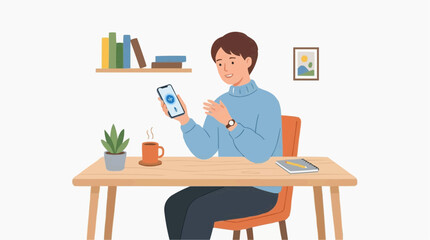 Fototapeta premium Young man sitting at a desk using a smartphone with voice assistant active, enjoying a hot beverage