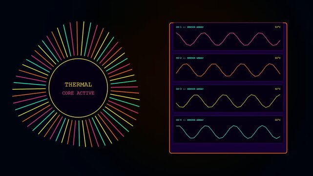 Digital displays showcasing thermal imaging data with flickering neon waveforms and circular radiating line patterns indicating active heat core monitoring in a complex software interface environment