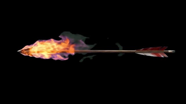 A horizontal burning arrow with bright orange flames and trailing smoke flying through the air against a dark black background. Excellent for visual effects compositing, medieval battles, action scene