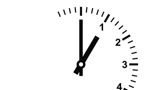 Minimalist black and white clock face showing one o'clock with bold numbers and tick marks