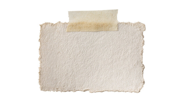 Isolated blank torn textured handmade paper note with beige adhesive masking tape