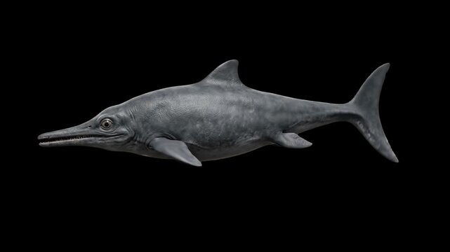 High-contrast 3D render of a realistic Ichthyosaurus marine reptile swimming, isolated against a solid pitch-black background. Perfect for cinematic paleontology documentaries, dramatic underwater pre