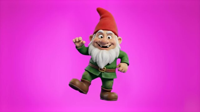 Cheerful 3D cartoon garden gnome with a red pointy hat, white beard, and green outfit, posing against a vibrant pink magenta background. Perfect for fairy tale stories, garden product ads, kids animat