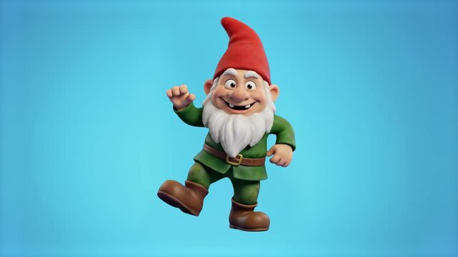 A cheerful 3D cartoon garden gnome with a red pointy hat and white beard, dancing happily against a soft blue background. Great for gardening promos, outdoor lifestyle videos, fantasy themes, and fun 