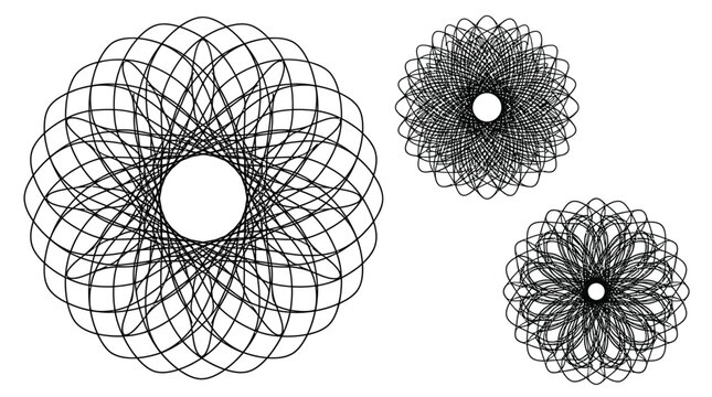 Abstract geometric mandala patterns. Circular spirograph line art design elements.
