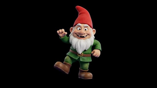 A cheerful 3D animated garden gnome wearing a red hat and green outfit waves happily against a dark black background. Perfect for fairy tale content, fantasy animations, garden product marketing, and 