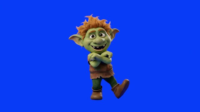 Friendly 3D cartoon troll or goblin character with green skin and messy orange hair, standing with crossed arms on a bright blue background. Excellent for kids animation, fantasy mobile game promo, fa