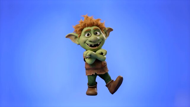 A happy 3D cartoon green goblin mascot with messy orange hair, caught mid-dance with a big smile, arms wide, and legs kickin', isolated on a vibrant blue studio backdrop. Ideal for fantasy video games