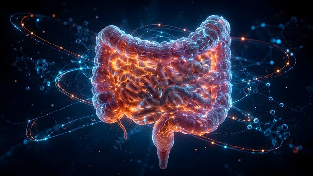 Futuristic 3D model of human intestines with glowing network connections representing the gut microbiome and nervous system