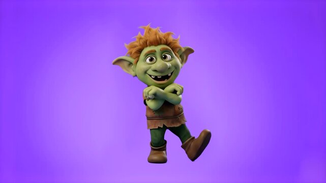 A stylized 3D cartoon troll or goblin with green skin, pointed ears, and messy hair, dancing joyfully against a solid purple background. Ideal for fantasy stories, fairy tale content, halloween animat