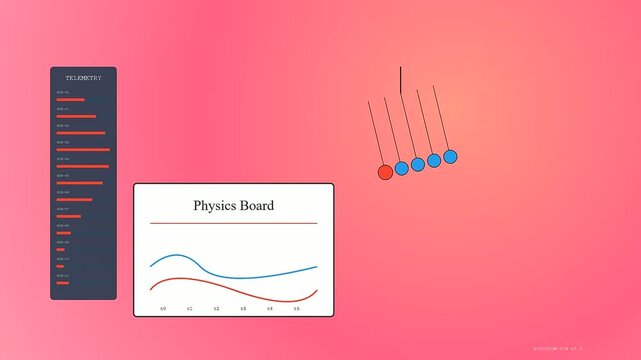 Tactile teaching is presented through a digital animation showing suspended circular spheres swinging across a minimal board displaying fluctuating linear graphs in a soft gradient environment
