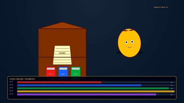 Tactile teaching animations appear on screen as a cartoon yellow orb sits beside a brown house structure while progress bars fill with various primary colors