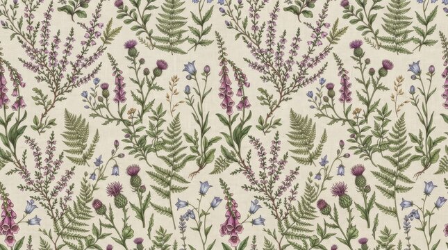 Scotland pattern botanical illustration with thistles and heather scotland scottish highland botanical seamless