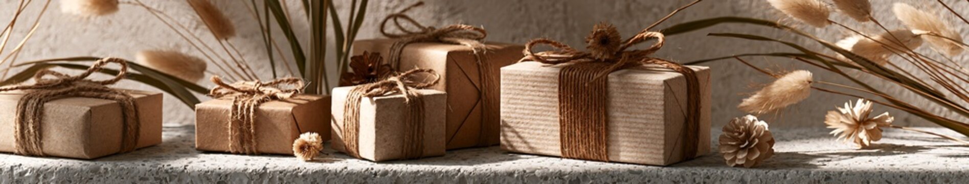Sustainable Packaging Kraft paper gift boxes tied with jute twine on a terrazzo ledge with dried botanicals in warm sunlight