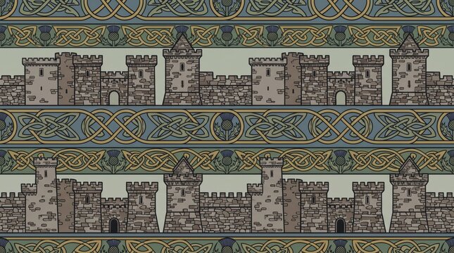 Scotland pattern featuring historic stone castle architecture scotland scottish fortress architecture knotwork seamless