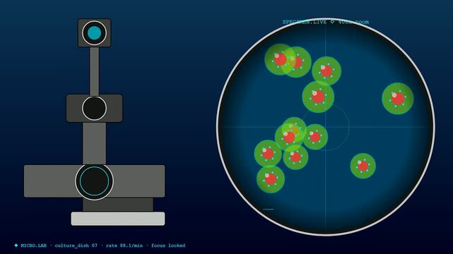 Tactile teaching processes are depicted through a digital laboratory interface featuring active circular petri dish displays that monitor moving microscopic organisms in real time environments