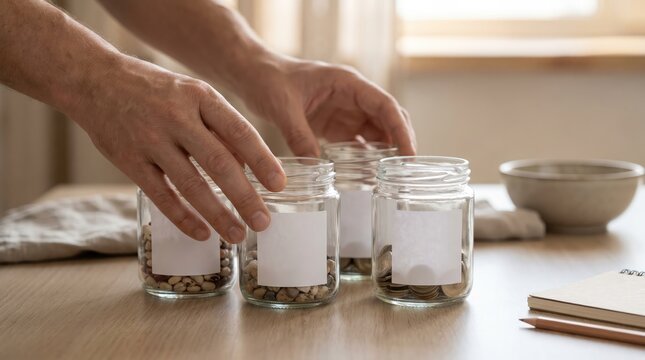 Close-up of hands organizing coin jars for savings or budgeting