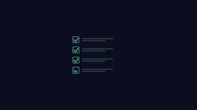 Animated checklist with green checkmarks appearing on dark animation 4k background, for task management, and productivity concepts