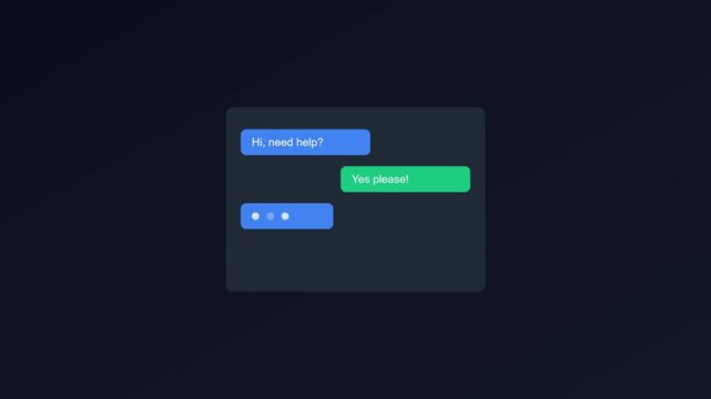 Animated chatbot interface with typing indicator and customer support conversation bubbles animation 4k