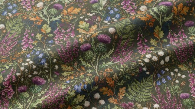 Title scotland pattern floral fabric with thistle and heather motifs scotland scottish folklore botanical artistic