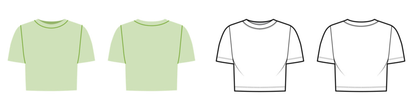 Cropped crew neck top with short sleeves and relaxed fit. Technical fashion illustration in black and white and color, front back views, clean outline, minimal silhouette, basic apparel CAD template