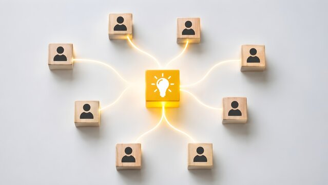 Yellow wooden cube with a glowing bulb icon connected to anonymous person blocks. Concept of creative team brainstorming and corporate leadership.
