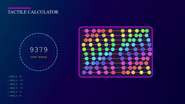 A digital tactile teaching interface displays changing numerical values while colorful circular beads shift position on a dark glowing screen grid with fluid motion transition effects