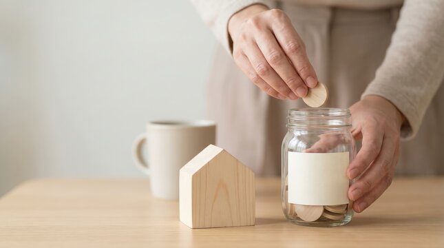 Woman saving money in jar near miniature home