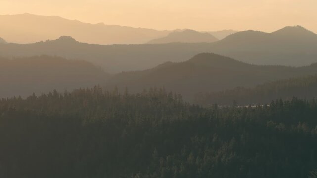Scenic landscape capturing layers of rolling hills and evergreen forests during a golden sunset in Whangamata, Coromandel Peninsula, New Zealand.