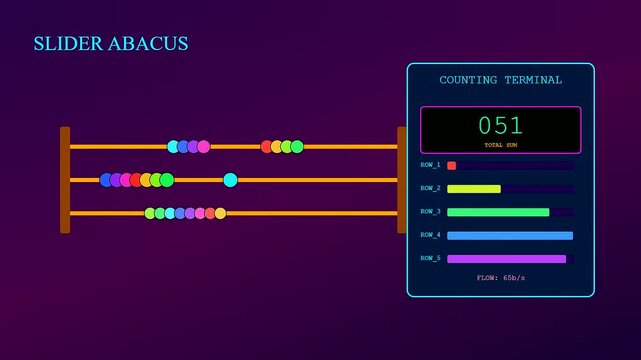 Tactile teaching interface displayed on a digital screen showing shifting circles moving along parallel rails while updating numerical values within a vibrant dark interface window