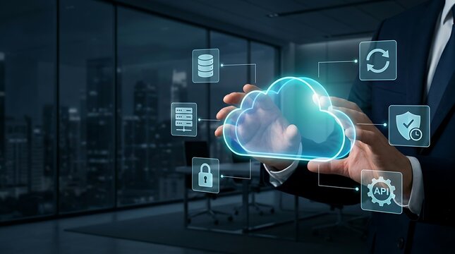 Business professional interacting with holographic cloud computing interface for enterprise data storage and digital infrastructure management.