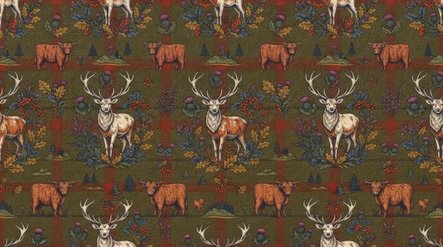 Scotland pattern of rustic highland stags and cattle with scotland scottish highland heritage wildlife folklore