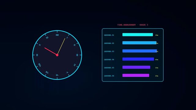 Graphic displays for tactile teaching show digital clock faces with glowing circular progress bars tracking various task durations against a dark minimalist environment for planning