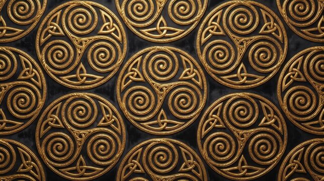 Scotland pattern featuring golden triskele celtic spirals on dark background scotland triskele background ornamental