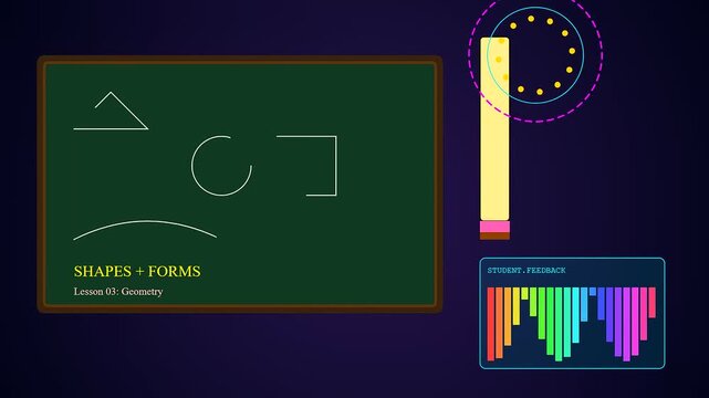 An engaging tactile teaching session illustrating the erasure of geometric shapes on a dark chalkboard to demonstrate the animation process within a digital education interface