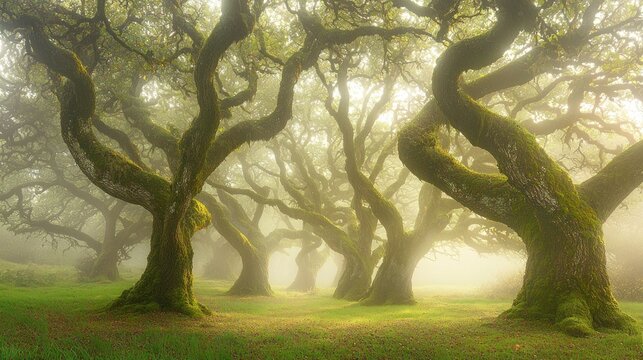 Mystical forest with moss-covered trees and morning mist.