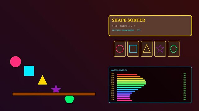 Tactile teaching interface displays colorful geometric shapes falling toward a landing platform as dynamic data visualization graphs update numerical values in this modern digital simulation