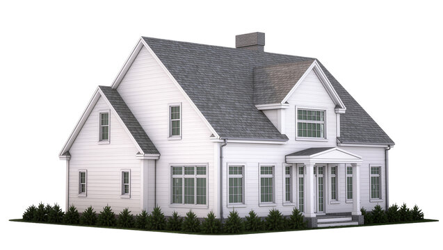 Isolated elegant white American suburban house with a gray roof and green bushes on the lawn.
