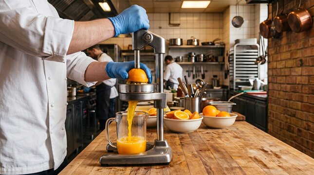 Chef in a professional kitchen squeezing fresh orange juice with a manual juicer, close-up of healthy beverage preparation macro close-up, food concept, copy space