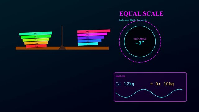 Tactile teaching concepts displayed through digital weights shifting on a balanced scale to measure mass differences shown in a sequence of three evolving data panels