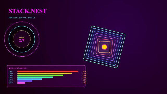 A sequence of tactile teaching interfaces featuring colorful geometric shapes arranged as nested squares with glowing light nodes appearing on a deep purple digital gradient backdrop